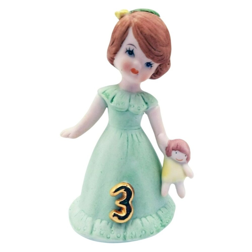 Enesco Birthday Girl Age 3 Brunette Green Dress Bisque Porcelain 1982 3.25"